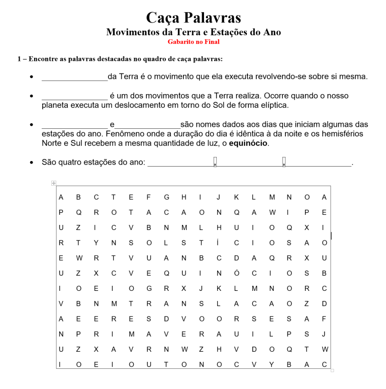 Caça-Palavras Movimentos da Terra e Estações do Ano