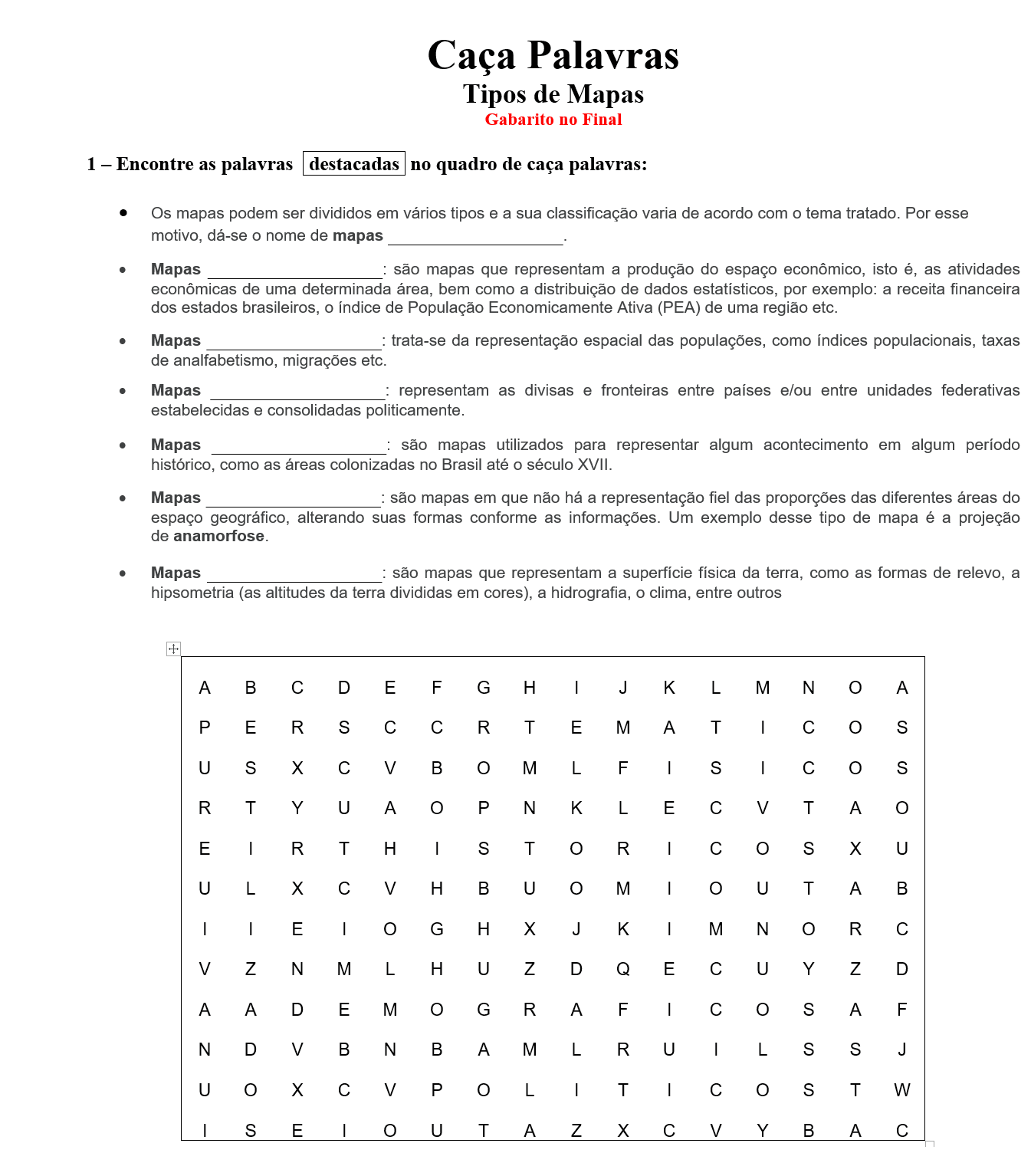 Caça-Palavras Tipos de Mapas