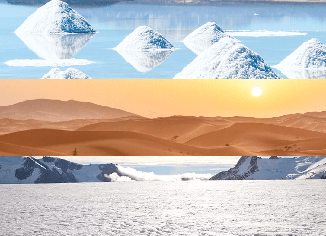 Diferenças de Desertos Marinho, Gelo, Areia e Sal