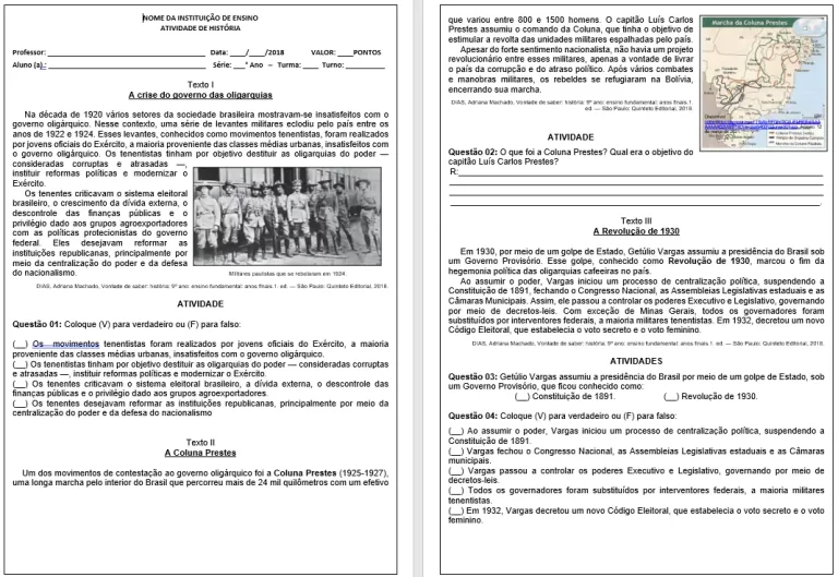 Atividade de História Coluna Prestes Estado Novo Getúlio Vargas