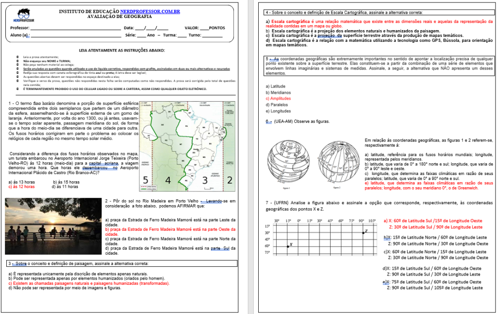 Atividade Geografia Coordenadas Geográfica Fuso Horário Orientação E Localização Nerdprofessor 0597